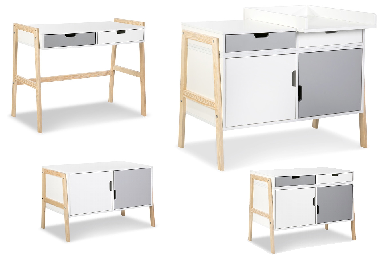 Klupś Hugo chest of drawers with changing table transformed into desk and cabinet / white / grey