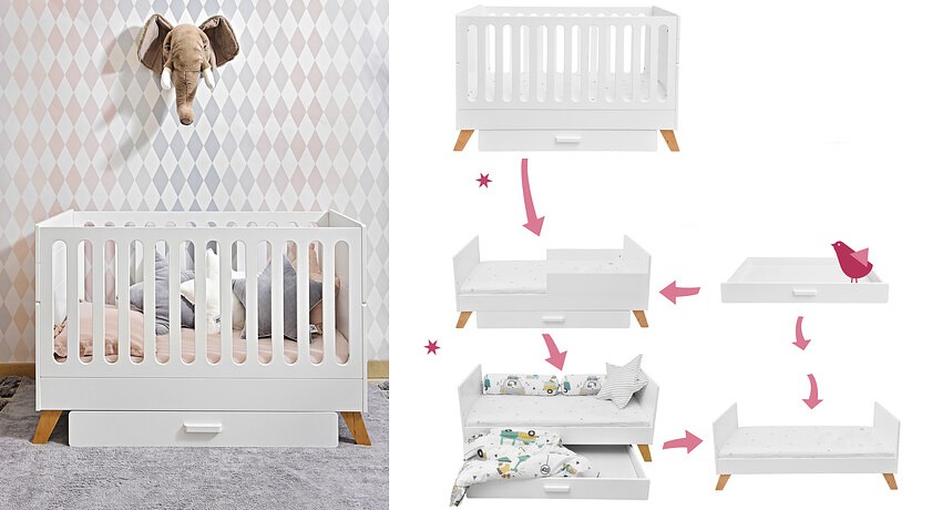 Bellamy Hoppa cot convertible to junior bed 120x60 cm with drawer