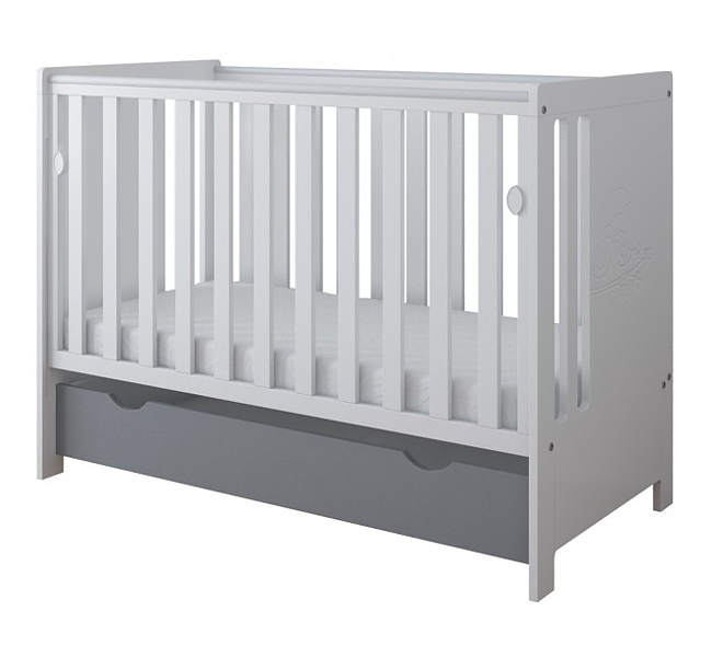 Pinewood Birds crib with drawer and drop side 120x60