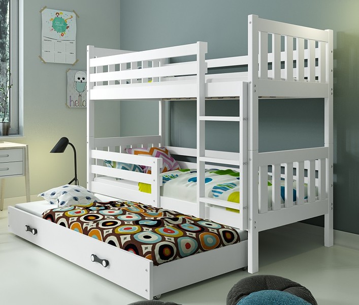 BMS Carino łóżko 3-osobowe piętrowe z 3 materacami i pojemnikiem (190x80cm) białe