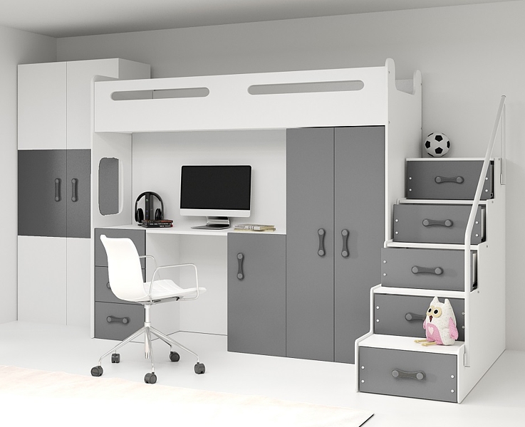 BMS Max 4 Einzelbett auf Zwischengeschoss + Schreibtisch + 1 Kleiderschrank + Matratze + Treppe (200x80cm)