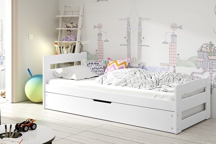 BMS Ernie single bed with a container for bedding end with mattress (200x90cm) white