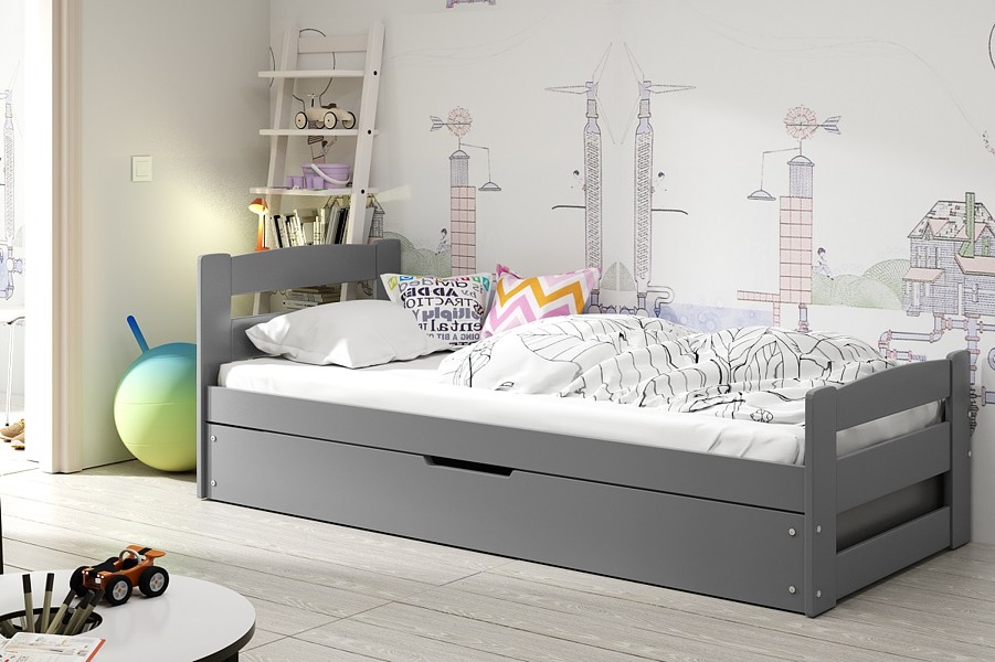 BMS Ernie łóżko parterowe z pojemnikiem na pościel i materacem (200x90cm) grafit