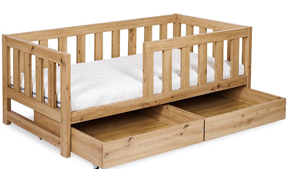 LittleSky by Klupś Amelia youth bed with a railing and drawers 160x80cm dąb