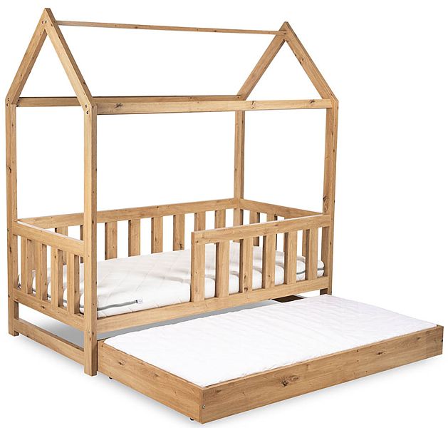 LittleSky by Klupś LIV łóżko domek 160x80 cm z barierką i szufladą z funkcję dodatkowego spania / kolor dąb