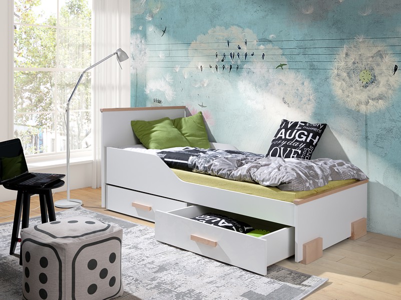 Meblobed Caren bed (200x90cm) with mattress and 2 drawers kolor Buk/Biały