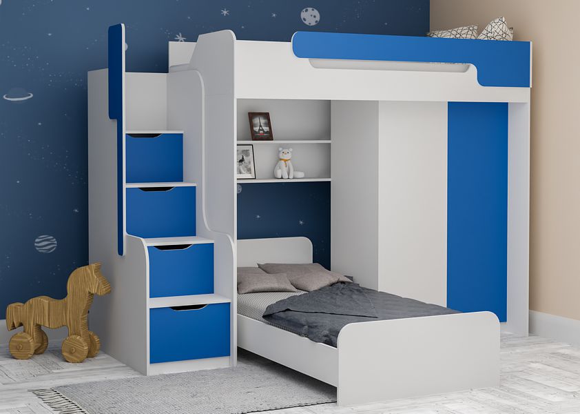 Meblobed Dorian łóżko piętrowe (200x90cm) z materacami + regałem + półką + szafą
