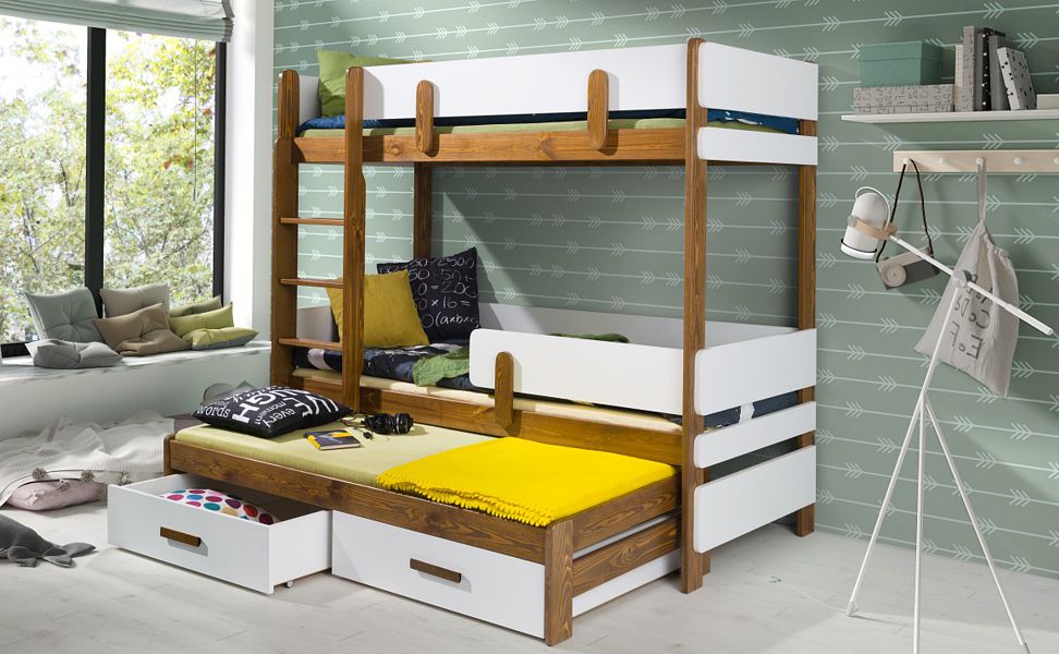 Meblobed Ettore III łóżko piętrowe (180x80cm) z dodatkowym wysuwanym spaniem z 3 materacami i szufladami