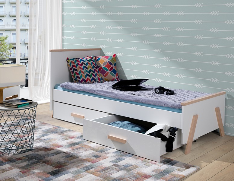Meblobed Kora łóżko (180x80cm) z materacem i 2 szufladami kolor Buk/Biały