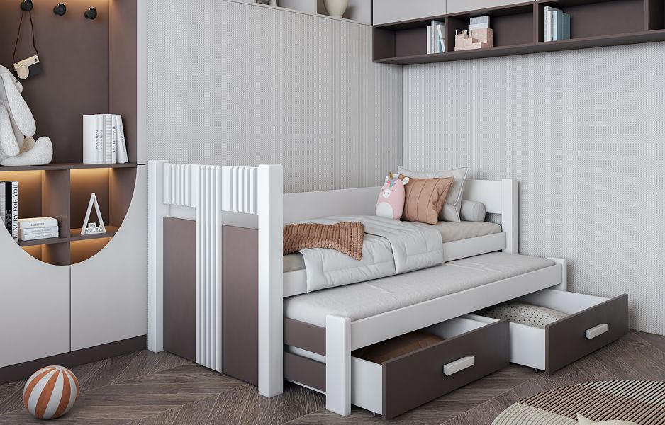 Meblobed Kosmo Trundle Bett für Geschwister (180x80cm) mit 2 Matratzen und Schubladen