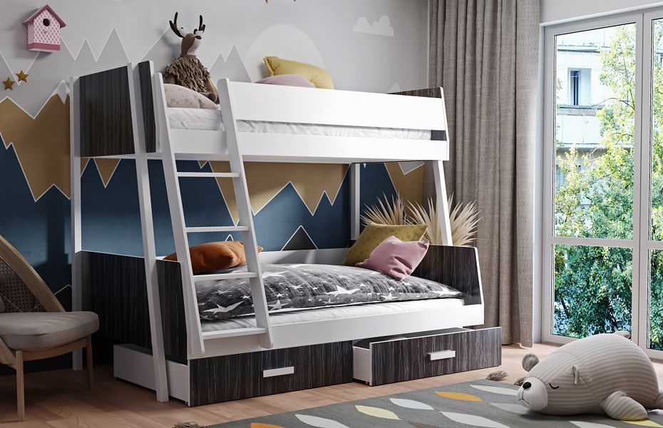 Meblobed Moritz łóżko piętrowe 3 osobowe z 2 materacami (200x120cm) i szufladą