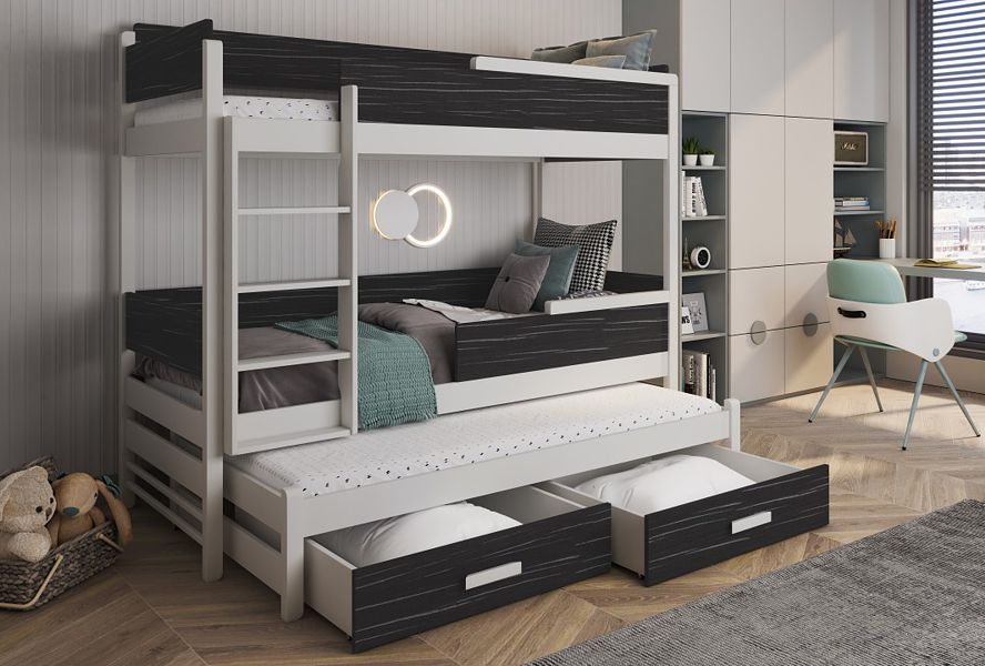 Meblobed Quatro Bunk trundle bed (180x80cm) with an additional pull-out bed with 3 mattresses and drawers
