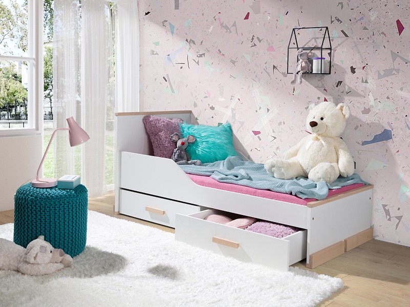 Meblobed Rosa łóżko (200x90cm) z materacem i 2 szufladami kolor Buk/Biały