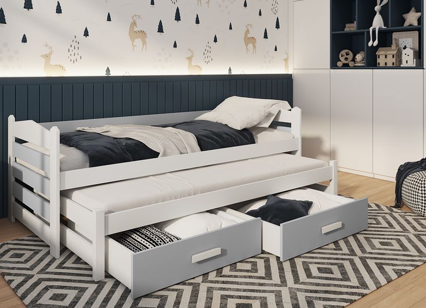 Meblobed Tiago trundle bed for siblings (180x80cm) with 2 mattresses and drawers