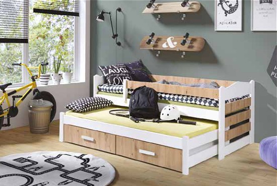Meblobed Tiago II trundle bed for siblings (180x80cm) with railing and 2 mattresses and drawers