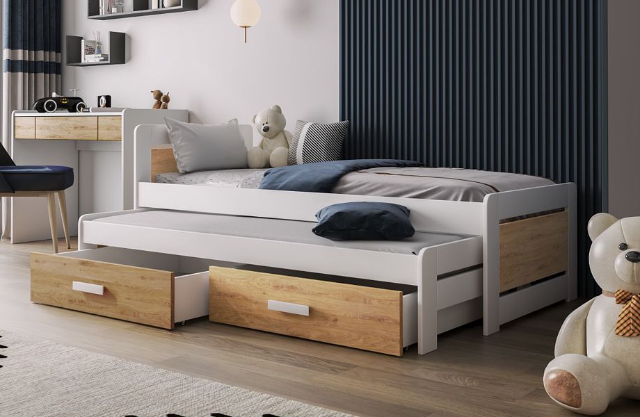 Meblobed Tiesto Trundle Bett für Geschwister (180x80cm) mit 2 Matratzen und Schubladen