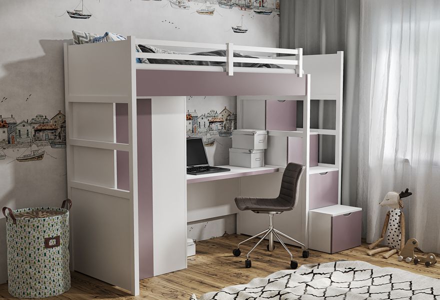Meblobed Tristan Einzelbett im Zwischengeschoss (200x90cm) mit Matratze Schreibtisch Regal und Kleiderschrank