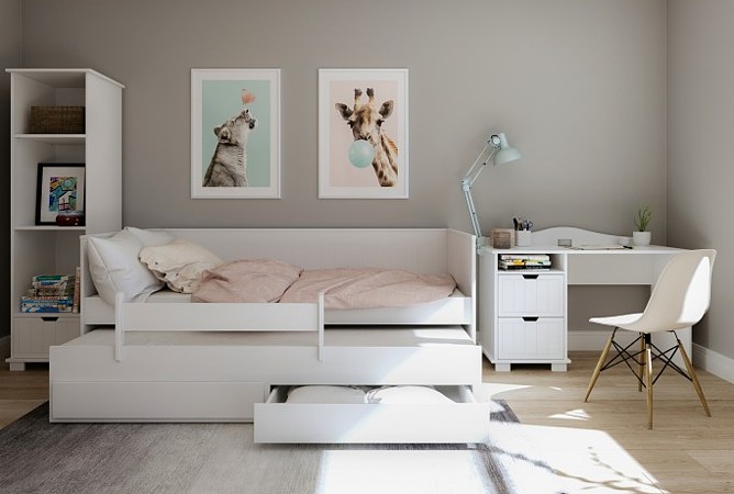 Pinewood Homnes łóżko podwójne z szufladami 200x90 białe + 2 materace piankowe