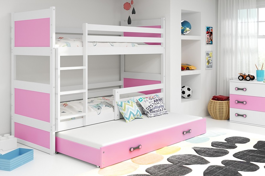 BMS Rico bunk trundle bed for 3 persons with 3 mattresses and with drawer (190x80cm) white