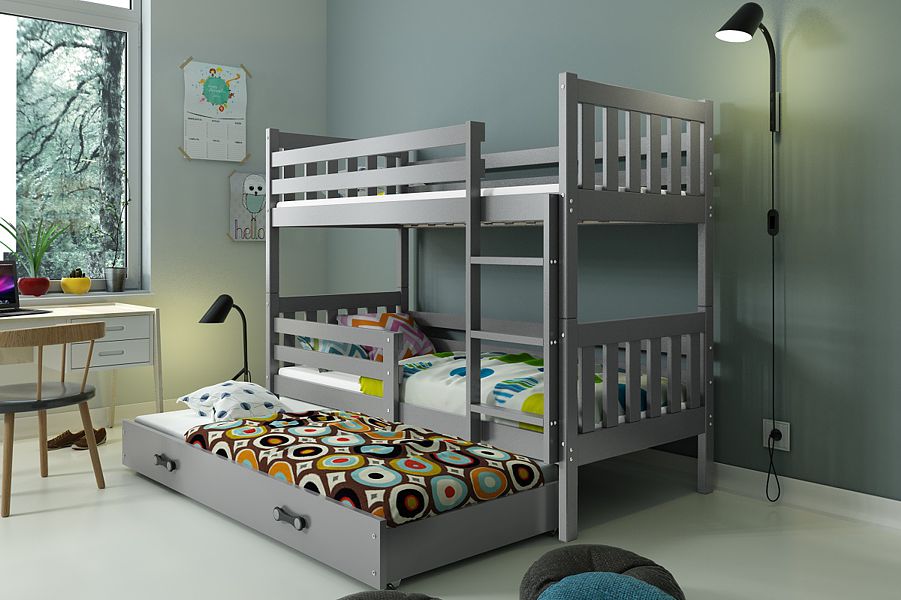 BMS Carino bunk trundle bed for 3 persons with 3 mattresses and with drawer (190x80cm) graphite