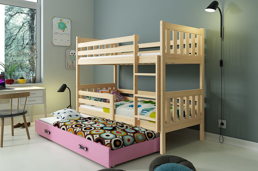BMS Carino bunk trundle bed for 3 persons with 3 mattresses and with drawer (190x80cm) pine