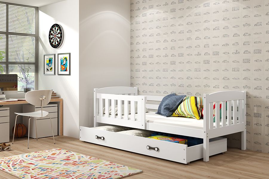 BMS Kubuś Single bed with drawer and mattress (200x90cm) white
