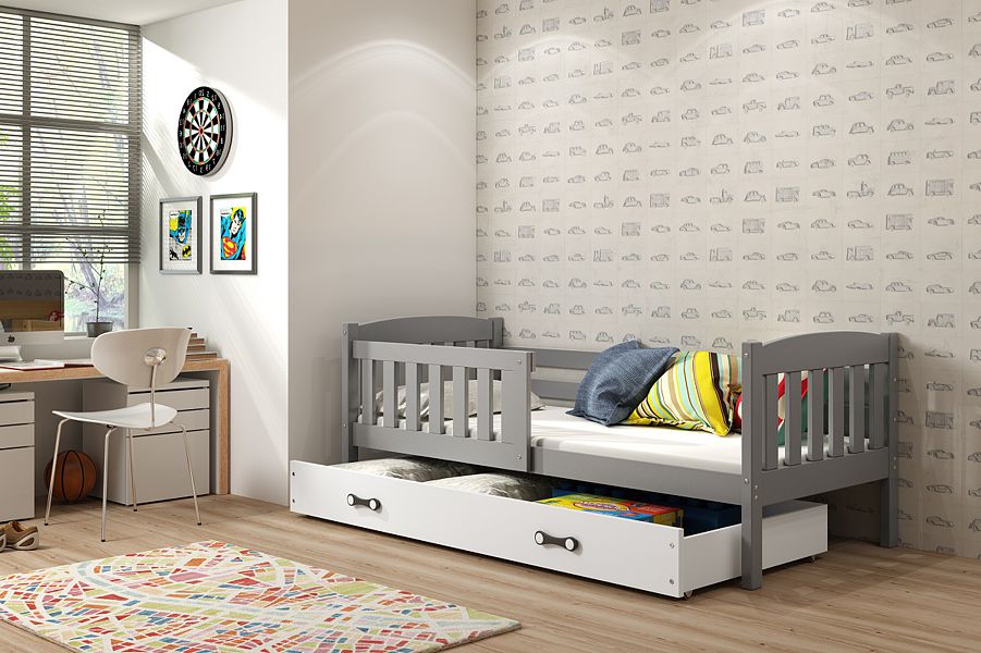 BMS Kubuś Single bed with drawer and mattress (190x80cm) graphite