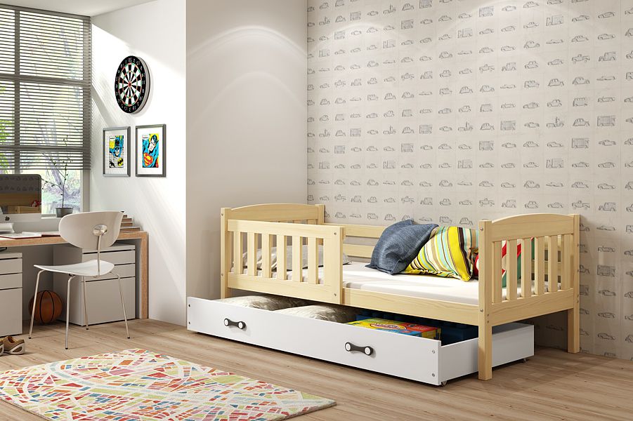 BMS Kubuś Single bed with drawer and mattress (200x90cm) pine