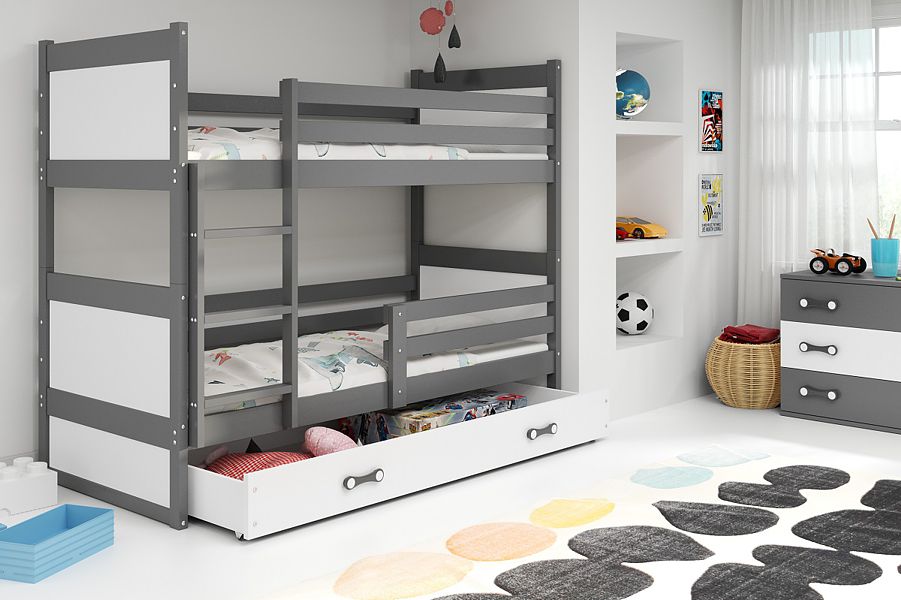 BMS Rico bunk trundle bed for 2 persons with 2 mattresses and with drawer (200x90cm) graphite