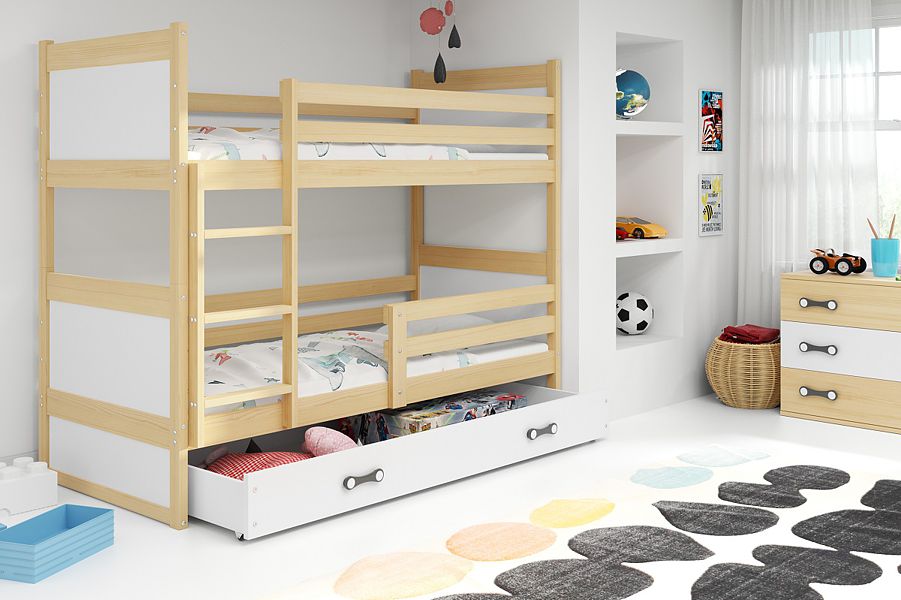 BMS Rico bunk trundle bed for 2 persons with 2 mattresses and with drawer (200x90cm) pine