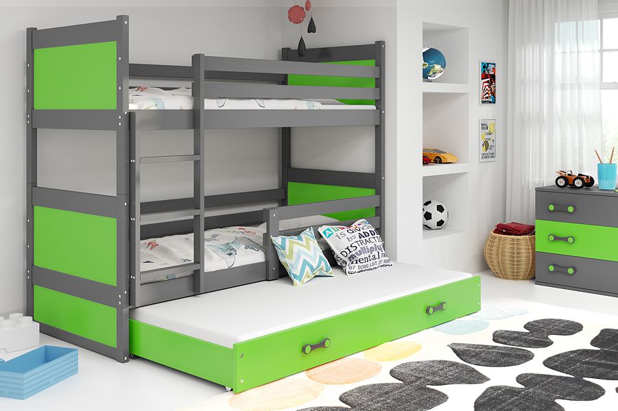 BMS Rico bunk trundle bed for 3 persons with 3 mattresses and with drawer (190x80cm) graphite