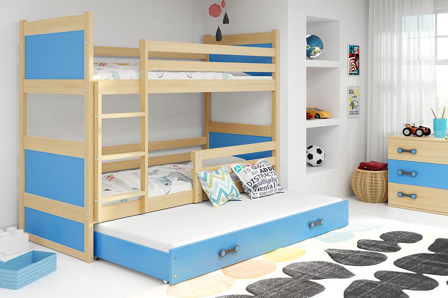 BMS Rico bunk trundle bed for 3 persons with 3 mattresses and with drawer (190x80cm) pine