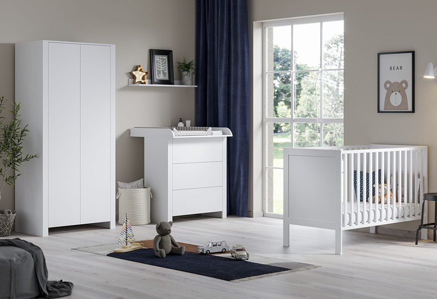 ATB Basic Babyzimmer (Babybett mit Schublade 120x60 + Kommode mit Schubladen mitWickelaufsatz + 2 Tür Kleiderschrank) Weiß