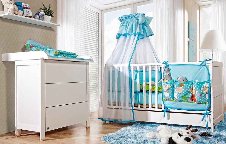 ATB Basic Babyzimmer (Babybett mit Schublade 120x60 + Wickelkommode mit Schubladen mitWickelaufsatz ) Weiß
