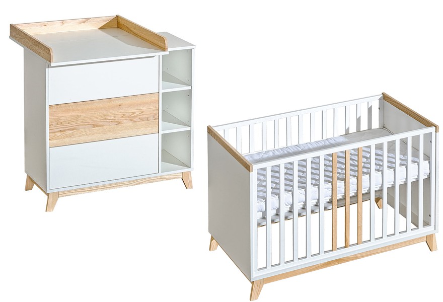 ATB Nordik Babyzimmer (Babybett 120x60 + Wickelkommode mit Schubladen mit Wickelaufsatz )