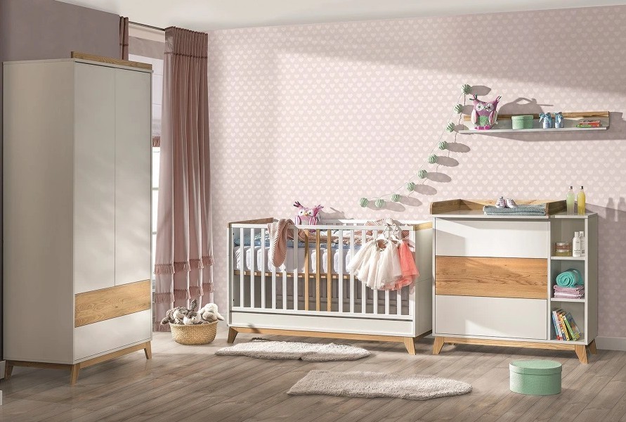 ATB Nordik Babyzimmer (Babybett 120x60 + Wickelkommode mit Schubladen mit Wickelaufsatz + 2 Tür Kleiderschrank )