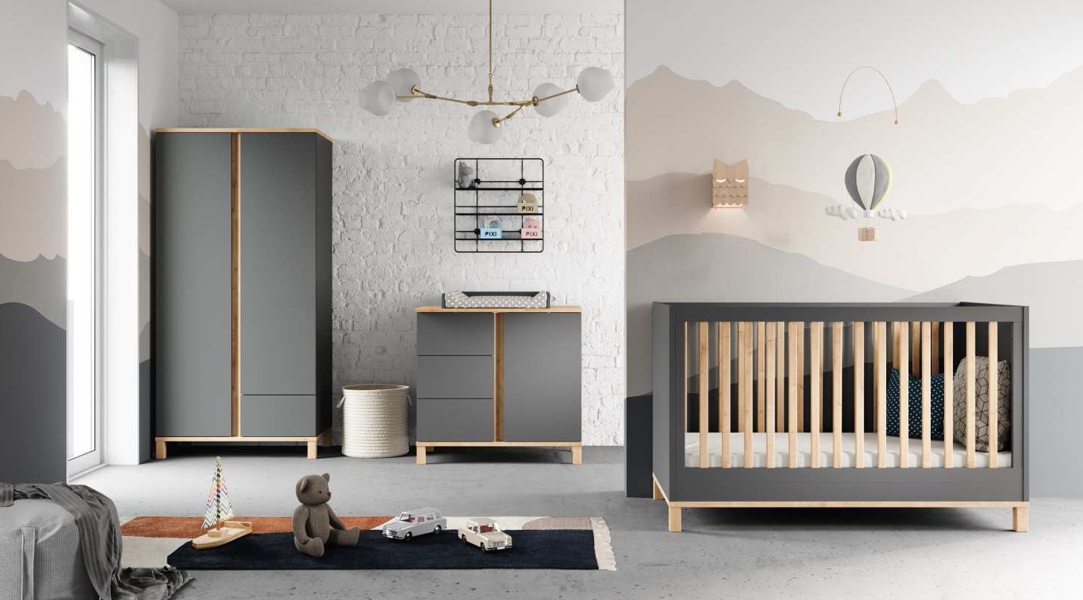 Baby Vox Altitude (crib 120x60+chest with changing table+upholstery+2 door wardrobe) color graphite, solid wood FREE DELIVERY