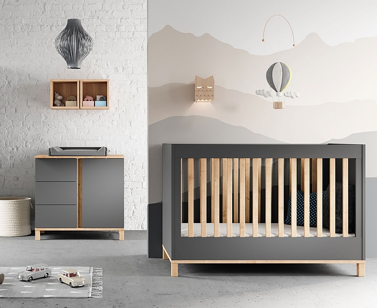 Baby Vox Altitude Babyzimmer (Babybett 120x60 + Wickelkommode mit Wickelaufsatz) Massivholz / Farbe graphit
