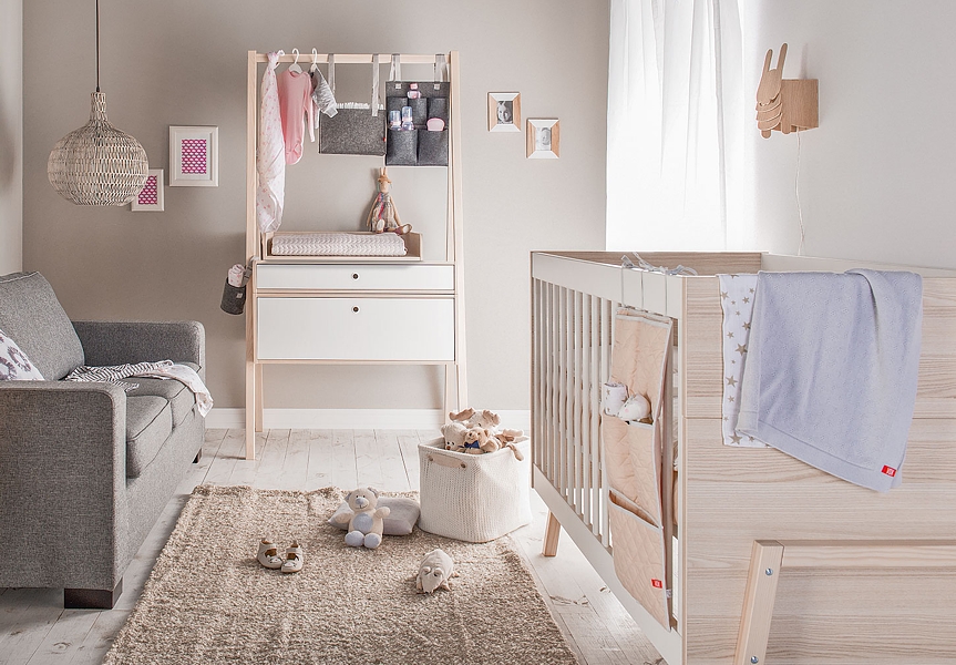 Spot by Vox Baby Säugling Zimmer (Babybett 140x70 + Wickelkommode + Wickelaufsatz) Weiß/acacia Massivholz