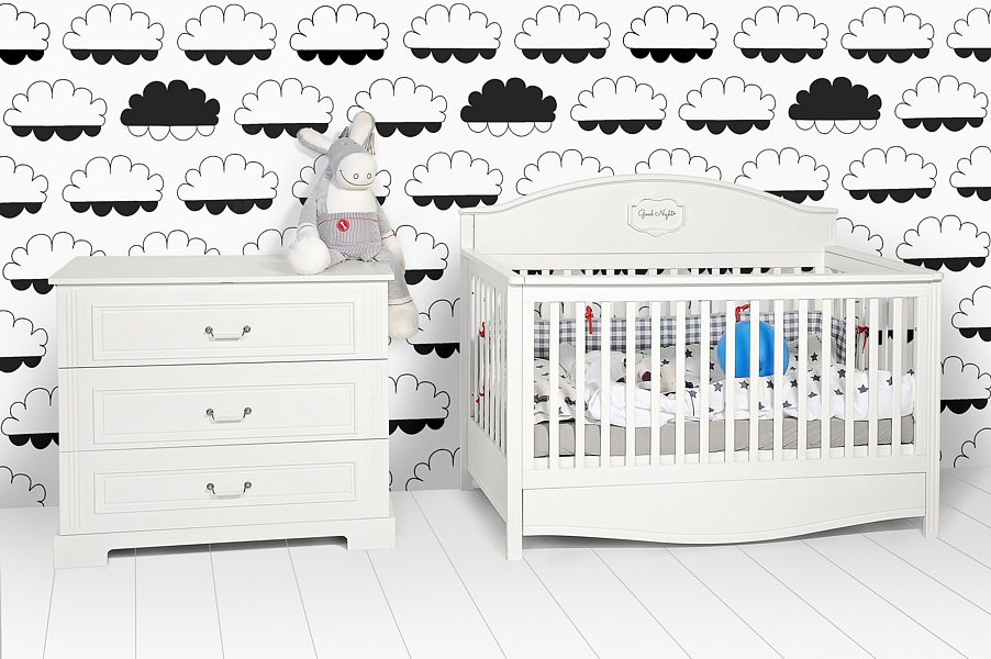 Bellamy Good Night Babyzimmer (Gitterbett 140x70 mit Schublade + Ines Weiß Wickelkommode mit Wickelaufsatz) Farbe elegantes Weiß