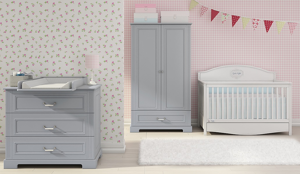 Bellamy Good Night baby room (cot 140x70 with drawer + chest with changer + Ines grey 2 door wardrobe ) colour snow bliss