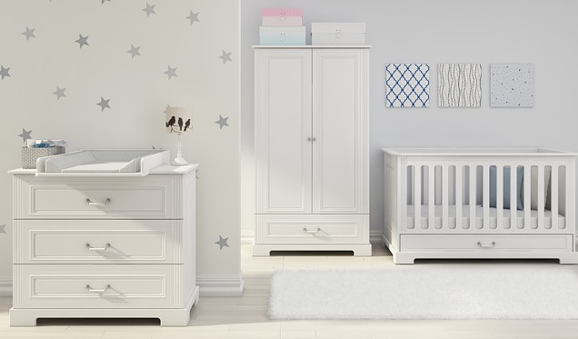Bellamy Ines Babyzimmer (Babybett 140x70 + Wickelkommode mit Wickelaufsatz + Kleiderschrank) Farbe Weiß