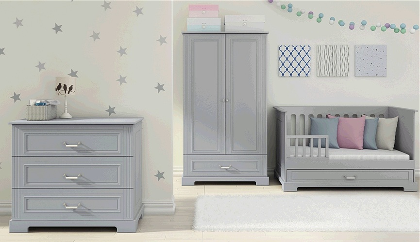Bellamy Ines Babyzimmer (Babybett 140x70 + Wickelkommode mit Wickelaufsatz Tisch) Farbe grau