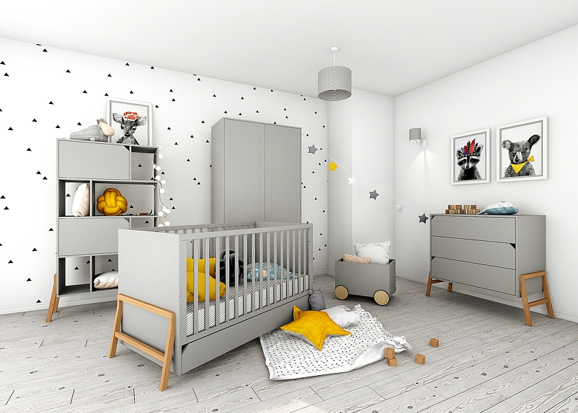 Bellamy Lotta Babyzimmer (Gitterbett junior Bett 140x70 + Wickelkommode mit Wickelaufsatz + 2 Tür Kleiderschrank) Farbe grau