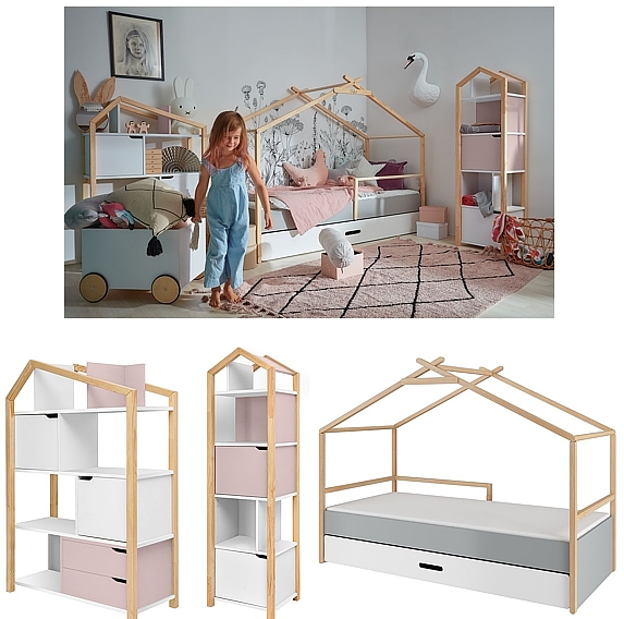 Bellamy Manhattan Flamingo Zimmer (TeePee 200x90 Bett mit Schublade + Joey Bücherregal + Phoebe Bücherregal)