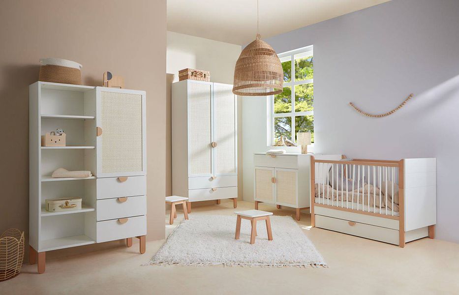 Kinderzimmer Bellamy Ratata (Kinderbett/Sofa 120x60 + Schublade + Kommode mit Wickeltisch + Kleiderschrank + Kinderbuchregal)