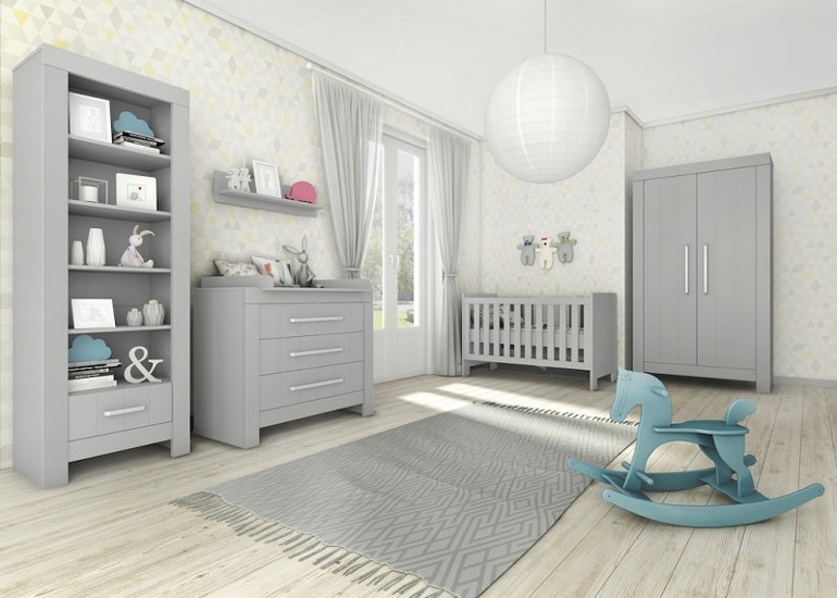 Pinio Calmo Babyzimmer (Bett 140x70 + Schublade + Wickelkommode mit Wickelaufsatz + 2 Tür Kleiderschrank) grau FREI VERSAND