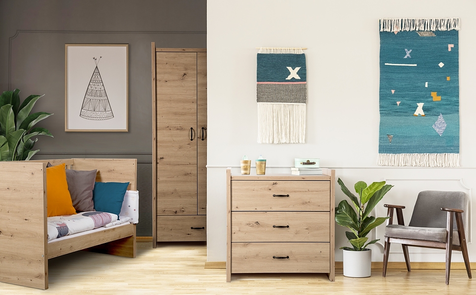 LittleSky by Klupś Amelia baby room (cot with a railing 120x60cm + chest + 2 door wardrobe) color oak
