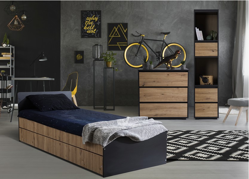 Klupś Dalia Antracyt- Dąb room (bed 200x90 + bookcase + chest of drawers)