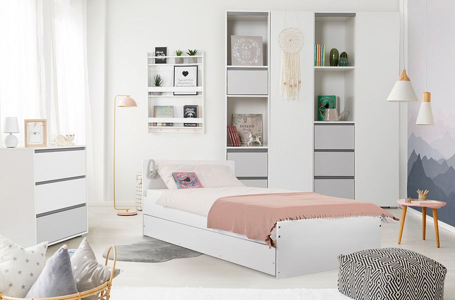 Klupś Dalia Grey room (bed 200x90 white + wardrobe + chest of drawers)